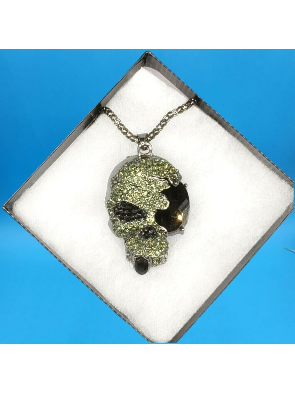 Halloween Black Crystal Skull Pendant Necklace Rhinestone Gift Boxed Mardi Gras